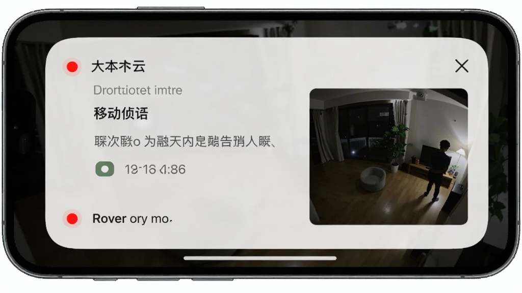 手机屏幕弹出大谷云的移动侦测告警通知卡片,卡片旁配有一张摄像头抓拍的画面缩略图,背景为深色夜间室内场景,布局上手机与通知卡片并列展示,风格为写实数字合成,细节包含红色告警圆点与时间标签,画质清晰干净无多余元素