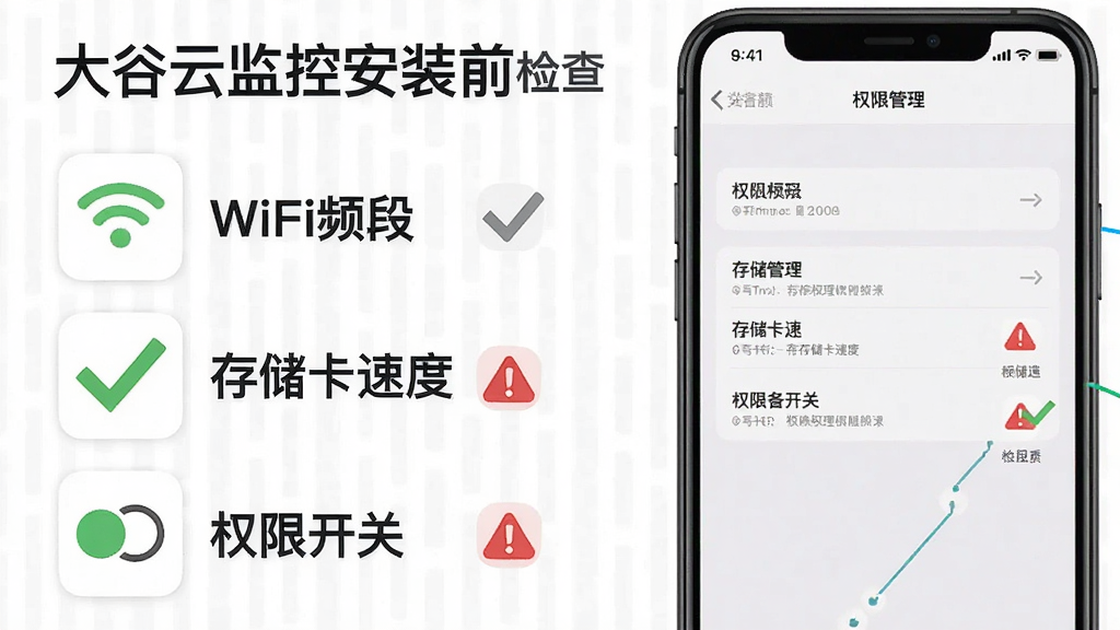 一张信息图风格的画面,左侧列出大谷云监控安装前的检查清单,包含WiFi频段、存储卡速度、权限开关三个图标,右侧展示手机设置界面中权限管理的示意布局,风格为简洁信息图表,细节包含绿色对勾与红色警示标记,画质清晰干净无多余装饰