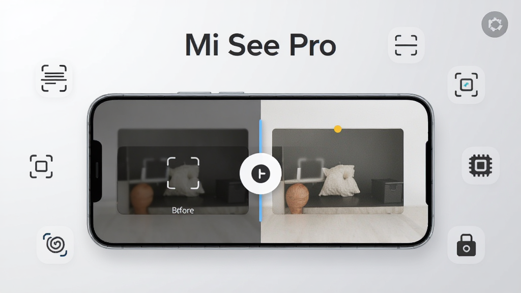 一张展示 Mi See Pro 软件界面的手机样机图,画面中央是手机屏幕,屏幕内呈现图像增强前后对比的滑动条效果,左侧为灰暗模糊的照片,右侧为清晰明亮的照片,手机周围散落着简约的图标元素代表扫描、识别、增强功能,背景为浅灰渐变,整体风格干净现代,排版居中,细节精致,画质高清,文字标注