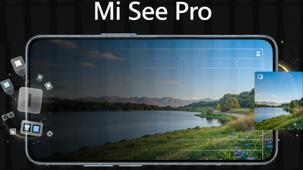 一张以 Mi See Pro 画质增强功能为主题的 AI 生图,画面主体为一部横向放置的智能手机,屏幕中显示一张风景照片从模糊暗淡到清晰鲜艳的渐变过渡效果,手机左侧漂浮着代表 AI 算法的半透明几何光点,右侧是增强后的明亮照片缩略图,布局采用左右对称构图,风格为科技感扁平插画,细节包括细微的光晕和网格纹理,画面顶部有