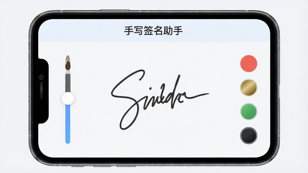 手写签名助手功能展示图,画面中央为手机屏幕特写,屏幕上显示一条流畅的手写签名线条,界面左侧有画笔粗细调节滑块,右侧有颜色选择圆点,顶部显示软件名称“手写签名助手”,整体采用扁平化UI风格,浅色背景,布局清晰,细节精致,画质干净无多余元素
