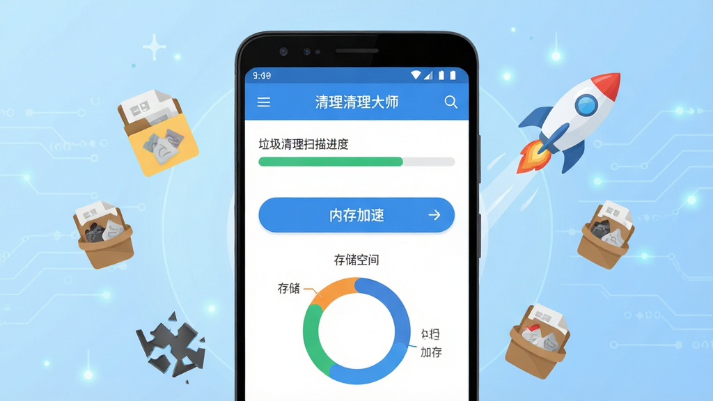 手机清理大师软件主界面展示,画面中央是一部安卓手机,手机屏幕上显示清理大师APP的首页,包含垃圾清理扫描进度条、内存加速按钮和存储空间环形图,手机周围漂浮着垃圾文件图标、缓存碎片和加速火箭元素,背景为浅蓝色渐变科技风格,布局居中对称,排版干净整洁,风格为现代扁平化UI插画,细节丰富,画质清晰,干净,无多余元素