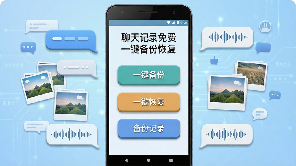 画面中央放置一部安卓手机,手机屏幕显示“聊天记录免费一键备份恢复”软件主界面,界面中有“一键备份”“一键恢复”“备份记录”三个大按钮,手机周围环绕聊天气泡、图片缩略图、语音波形等数据元素,背景为浅蓝渐变科技风格,布局采用居中对称构图,风格简洁现代,细节上按钮带轻微立体阴影、气泡有圆角描边,画质清晰干净,无多余元素