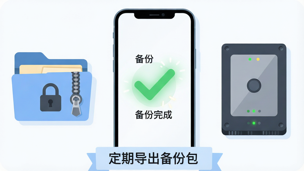 一部手机屏幕显示“备份完成”绿色对勾界面,手机旁边放着一个带锁的文件夹图标和一块移动硬盘,画面下方有一行小字横幅“定期导出备份包”,整体布局为手机居中、配件环绕,风格清新扁平插画,细节上对勾有光晕、文件夹有拉链、硬盘有指示灯,画质干净明亮,无多余元素