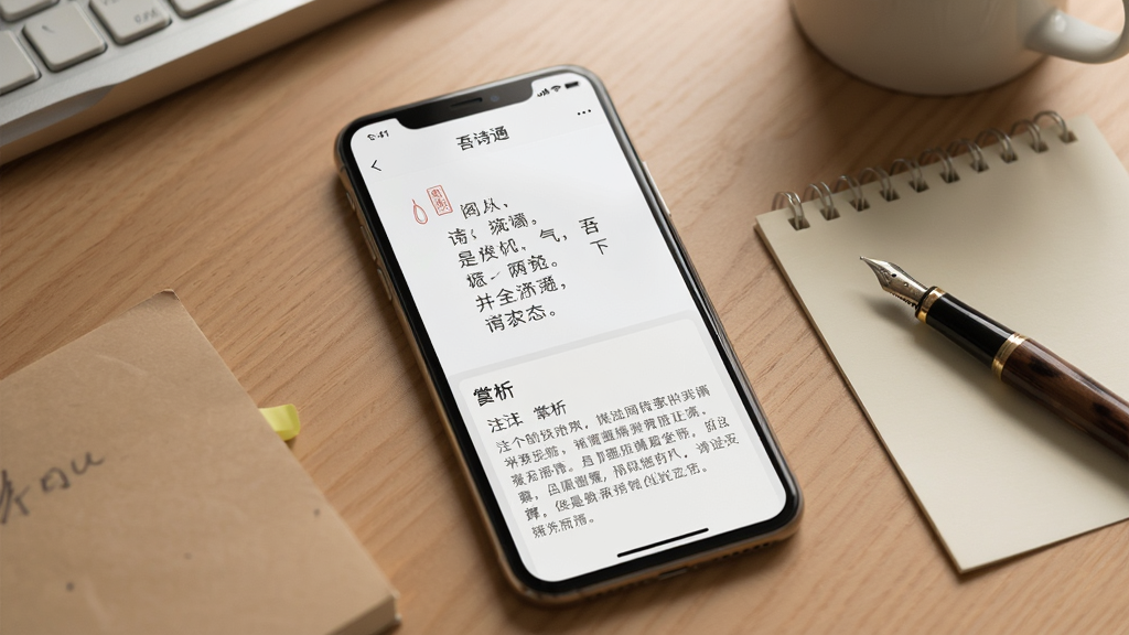 手机屏幕显示“吾诗通”诗词详情页,页面上方为诗词正文,下方为注释与赏析板块,屏幕光线柔和,手机置于书桌之上,旁边有便签纸与钢笔,整体风格简约文艺,画质清晰,干净整洁