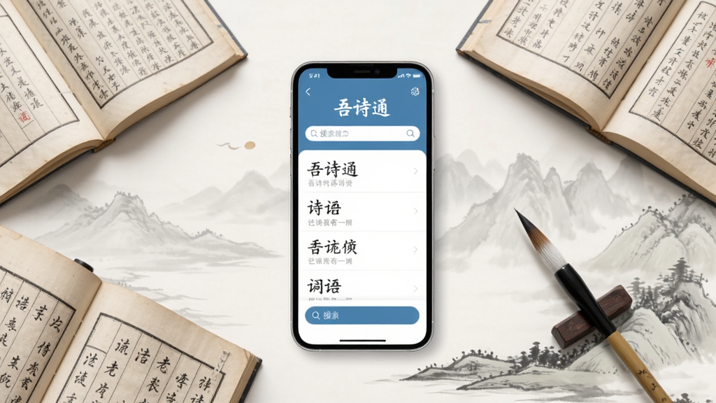画面中央放置一部智能手机,手机屏幕上显示“吾诗通”软件首页界面,界面中包含诗词列表与搜索框,手机周围散落着几本翻开的古籍与一支毛笔,背景为淡雅的水墨山水风格,整体布局居中对称,风格清新雅致,细节丰富,画质清晰,干净无多余元素