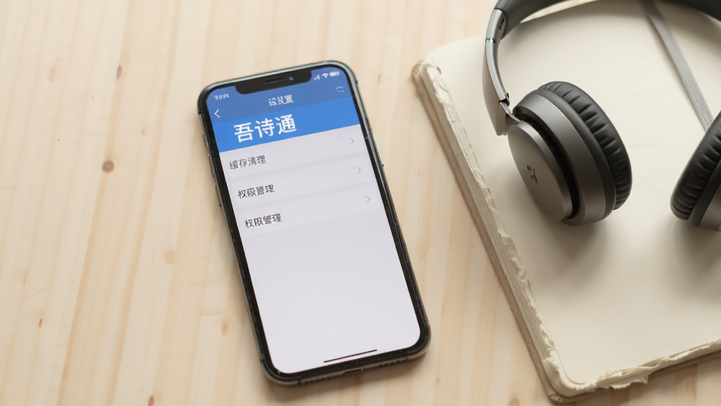 手机屏幕显示“吾诗通”设置页面,页面中包含缓存清理与权限管理选项,手机旁放置一副耳机与一本笔记本,背景为柔和浅色桌面,风格简洁实用,画质清晰,干净无杂乱元素