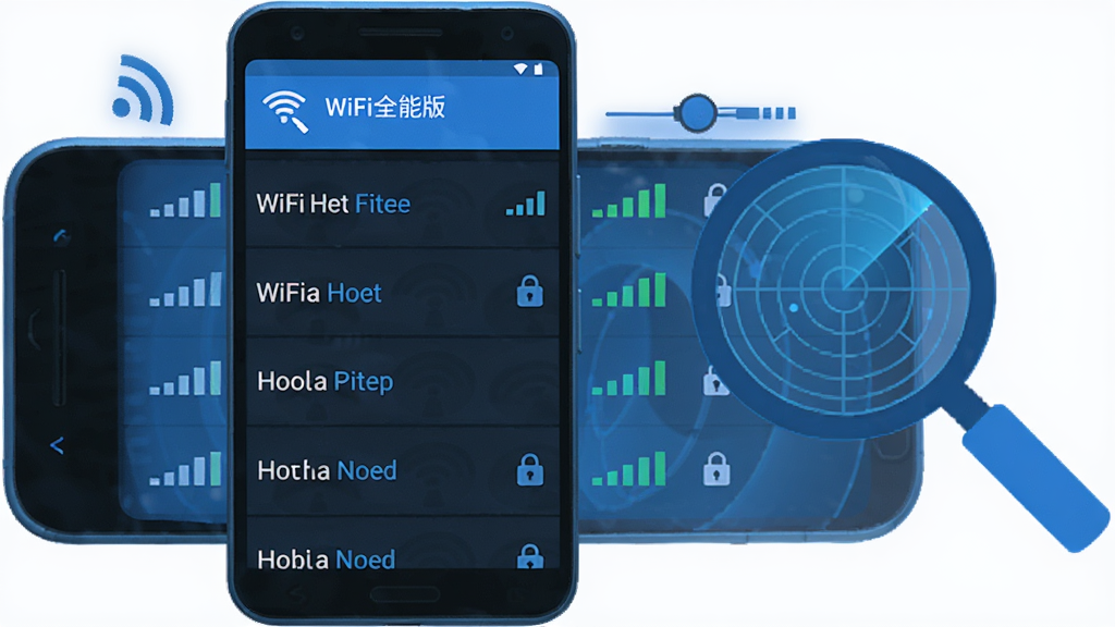 һ����׿�ֻ���Ļ��ʾWiFiԿ��ȫ�ܰ���ܱ��ȵ�ɨ���б�������ȵ������������У�ÿ����Ŀ�Ҳ����źŸ�ͼ������α�ʶ���ֻ��Ա�Ư���ŷŴ󾵺��״�ɨ��ͼ�Σ�������Ϊ��ƽ���Ƽ���������Ϊ�ֻ�����ƫ��װ��Ԫ�ػ��ƣ�ϸ�����������ʸɾ����޶���Ԫ��