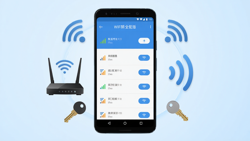 һ��չʾWiFiԿ��ȫ�ܰ�������������ֻ���ͼ���ͼƬ������������һ��������׿�ֻ�����Ļ����ʾ��ɫ�����ȵ��б����棬�б�������ź�ǿ��ͼ������Ӱ�ť���ֻ���Χ������·�������źŲ��ơ�Կ��ͼ���Ԫ�أ�����Ϊǳ��ɫ���䣬��������ˬ��࣬�Ű���жԳƣ�ϸ�����������ʸɾ����޶���Ԫ��