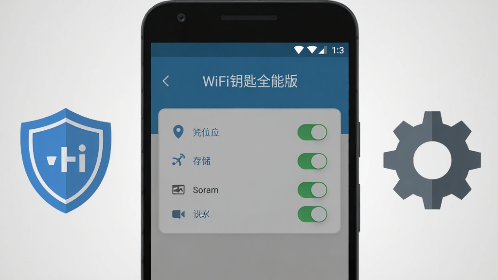 һ����׿�ֻ���Ļ��ʾWiFiԿ��ȫ�ܰ��Ȩ����������ҳ�棬ҳ�����ж�λ���洢��Ȩ�޿���ʾ�⣬�ֻ��Ա߷��ö���ͼ��ͳ���ͼ�꣬����Ϊǳ��ɫ���䣬���Ϊ��ƽ��ʵ�÷磬�����ֻ����С�ͼ�����ҶԳƣ�ϸ�����������ʸɾ����޶���Ԫ��