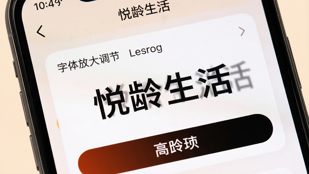 手机屏幕特写,展示悦龄生活软件中字体放大调节设置界面,主体为清晰的设置选项与预览效果;布局为界面居中,背景为柔和浅色;排版突出大字体与高对比度按钮,风格简洁实用;细节上呈现适老化设计元素,画质清晰干净,图片中可包含文字“悦龄生活”。