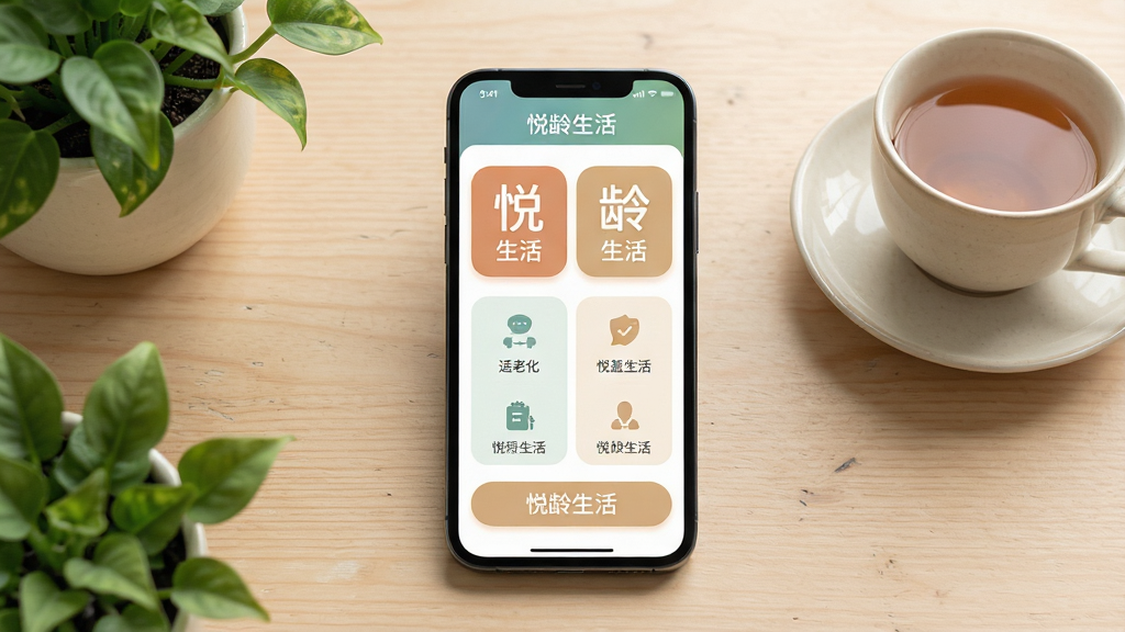 画面主体为一部智能手机,屏幕中展示悦龄生活软件首页界面,大字号图标与清晰的功能分区;布局为手机居中放置于浅色木质桌面,周围点缀绿植与茶杯;排版简洁大方,风格温暖亲切,细节上突出适老化大按钮与柔和配色;画质清晰干净,无多余元素,图片中可包含文字“悦龄生活”。