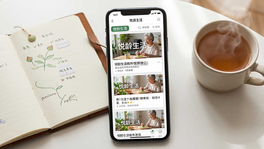画面主体为悦龄生活软件资讯页面,展示健康养生文章列表与配图;布局为手机屏幕竖版展示,旁边放置一本翻开的笔记本与一杯热茶;排版整齐有序,风格温馨生活化;细节上突出图文并茂的资讯卡片,画质清晰干净,图片中可包含文字“悦龄生活”。