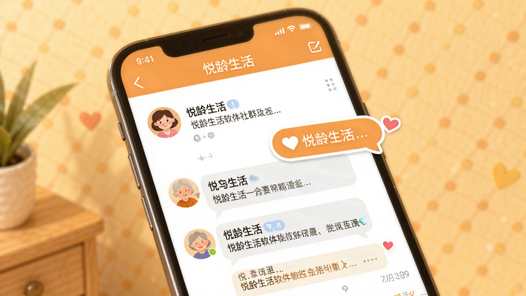 画面主体为悦龄生活软件社群互动页面,展示用户动态与评论界面;布局为手机屏幕展示,背景为暖色调;排版活泼有序,风格亲切友好;细节上突出头像与互动气泡,画质清晰干净,图片中可包含文字“悦龄生活”。