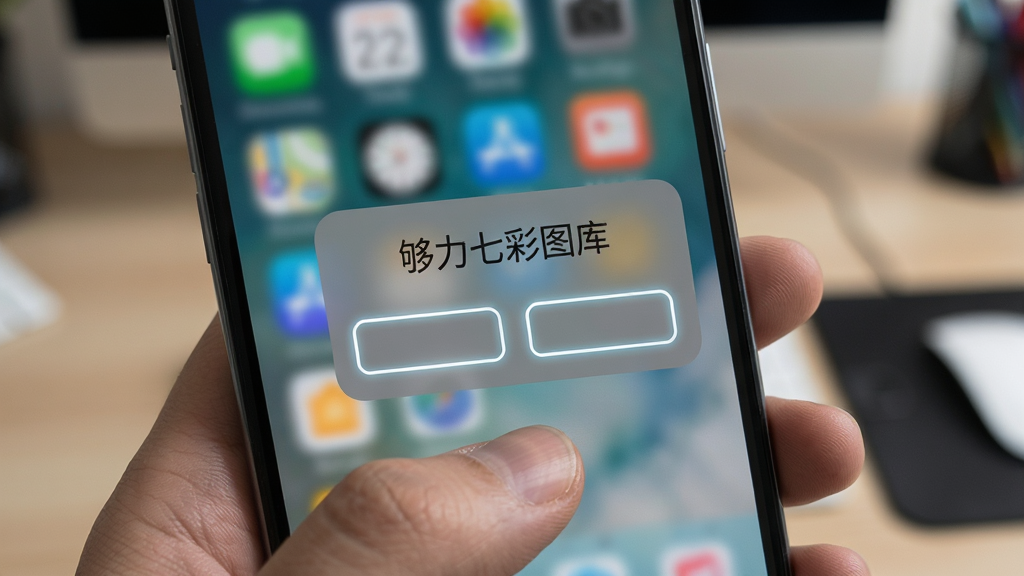 一幅展示手机屏幕出现应用无响应弹窗的示意图,画面主体为手持手机特写、屏幕中央显示灰色提示框,布局采用居中构图突出弹窗区域,排版背景为虚化的桌面环境,风格为写实数码场景,细节中手指悬停在屏幕下方、弹窗按钮带有高亮描边,画质清晰干净无多余元素,图片中显示文字“够力七彩图库”