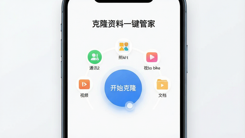 画面主体为手机屏幕显示“克隆资料一键管家”一键迁移界面,中央为一个醒目的圆形“开始克隆”按钮,按钮周围以环形排列通讯录、照片、视频、文档等资料图标,布局为上下结构上方为软件名称标题下方为操作区域,风格为现代简约UI风,细节包括按钮带有轻微按压光效,画质高清干净,无杂乱元素