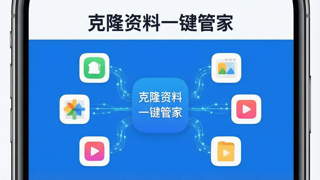 画面主体为一部智能手机屏幕中央显示“克隆资料一键管家”应用图标与界面,界面中呈现通讯录、照片、视频、文档等资料分类图标环绕排列,布局采用居中对称构图,上方留白处放置软件名称文字,风格为清爽扁平化科技风,细节包括数据流动的光线连接各分类图标,画质清晰干净,无多余元素,整体色调以蓝白为主