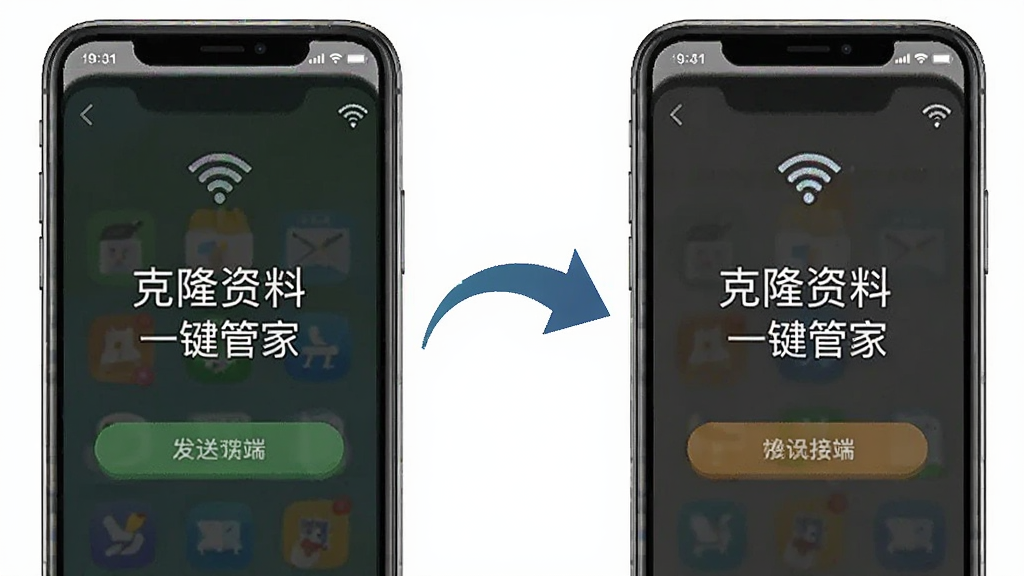 画面主体为两部智能手机并排摆放,屏幕分别显示“克隆资料一键管家”的发送端与接收端界面,中间以弧形箭头表示数据传输方向,布局为左右对称构图,风格为简洁教程示意图风格,细节包括手机上方有WiFi信号图标,画质清晰干净,无多余背景元素
