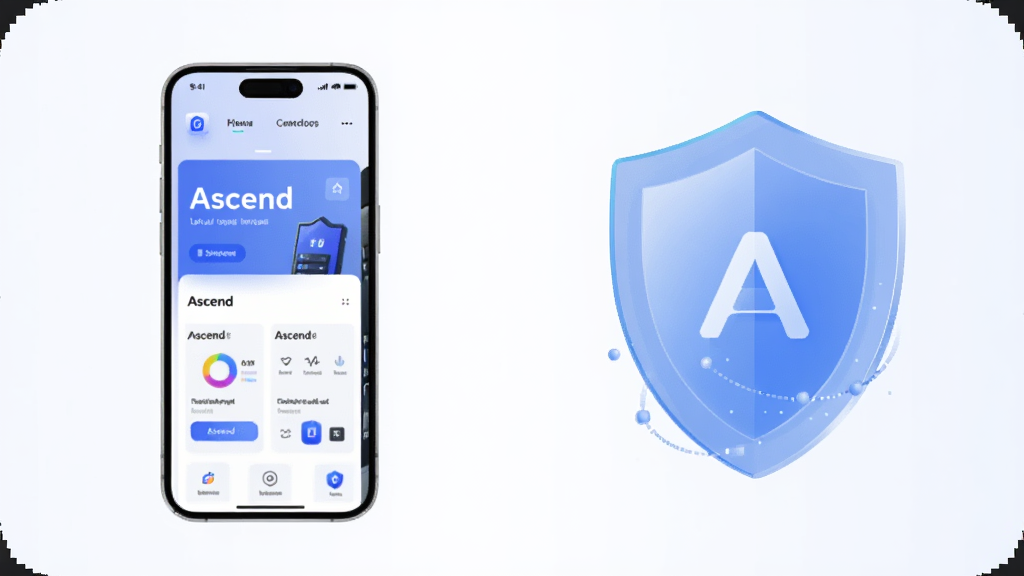 一张体现 Ascend 本地数据与隐私保护理念的示意图,画面主体为手机与一个盾牌图标并排,布局为左右结构、中间留白,排版简洁,风格为科技安全风,细节包括手机屏幕显示 Ascend 界面、盾牌为半透明蓝色、背景为浅色渐变,画质清晰,干净无多余元素