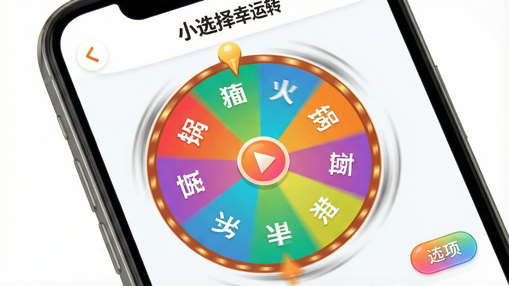 一张“小选择幸运转”随机转盘功能展示图,画面主体为一部手机屏幕特写,屏幕中显示彩色转盘正在旋转的动态瞬间,转盘扇区写有“火锅”“烧烤”“面条”“沙拉”等选项文字,指针位于转盘上方,屏幕边缘有添加选项的小按钮,布局以手机屏幕为视觉中心,风格为明亮活泼的APP界面风,细节包括旋转模糊线条、彩色扇区渐变、按钮图标,画质清晰干净,无多余元素