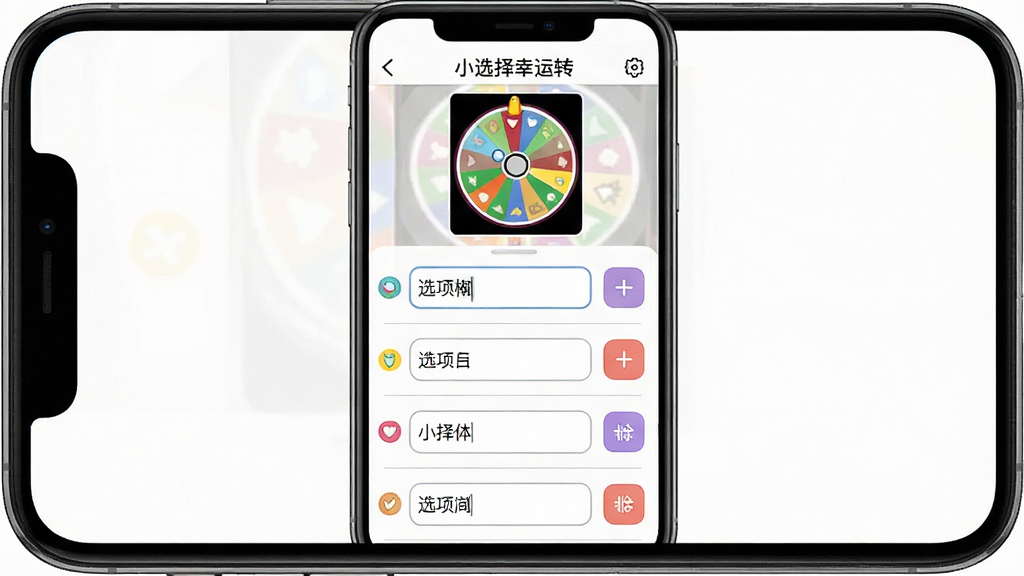 一张“小选择幸运转”自定义选项配置界面图,画面展示手机屏幕内选项编辑列表,列表中有多个文本输入框,分别填写不同选项文字,旁边有添加与删除按钮,屏幕上方显示转盘预览缩略图,布局为上下结构,上方预览下方编辑列表,风格为简约工具类APP界面风,细节包括输入框圆角、列表分隔线、彩色小图标,画质干净清晰,无多余元素