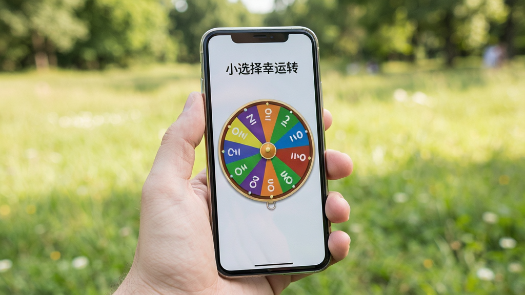 一张“小选择幸运转”离线使用场景图,画面展示一只手拿着手机在户外草地上使用转盘功能,手机屏幕显示转盘界面,背景为模糊的自然环境,主体为手机与手部,布局以手机屏幕为焦点,风格为生活场景实拍风,细节包括屏幕清晰显示、自然光线、背景虚化,画质干净明亮,无多余元素