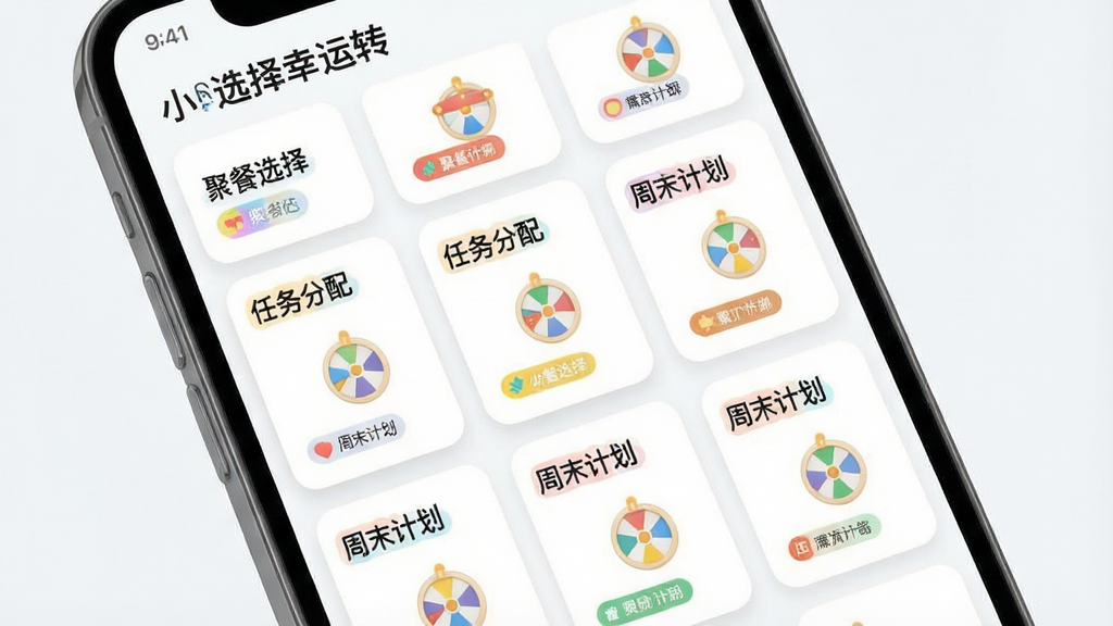 一张“小选择幸运转”多场景方案管理界面图,画面为手机屏幕内多个方案卡片排列,卡片上写有“聚餐选择”“任务分配”“周末计划”等方案名称,每张卡片配有小型转盘图标,布局为网格状卡片排列,风格为清新卡片式UI风,细节包括卡片圆角、柔和阴影、彩色标签,画质干净清晰,无多余元素