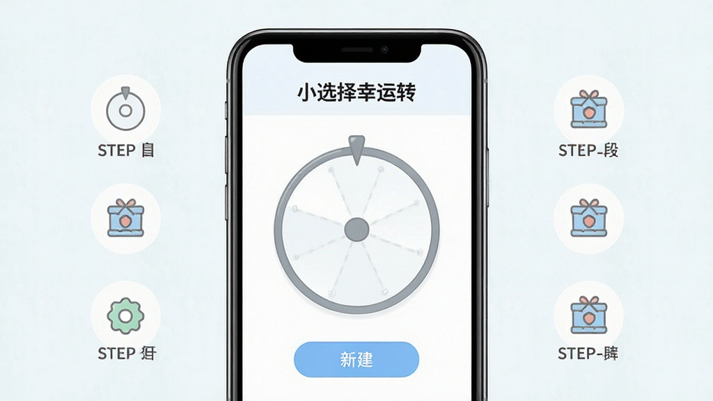 一张“小选择幸运转”安装与使用提示示意图,画面为手机屏幕展示安装完成后的软件首页,首页中央为空白转盘与新建按钮,屏幕旁边配有简单的步骤示意小图标,布局为手机居中、两侧点缀步骤图标,风格为简洁说明风,细节包括界面元素清晰、图标简约、浅色背景,画质干净清晰,无多余元素