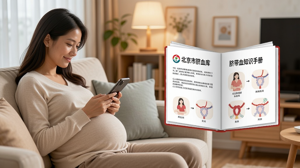 画面左侧为一位孕妇坐在沙发上阅读手机,右侧展开一本虚拟的脐带血知识手册,手册页面显示“北京市脐血库”科普标题与简洁插图,背景为温馨居家环境,风格柔和清新,细节干净,画质清晰