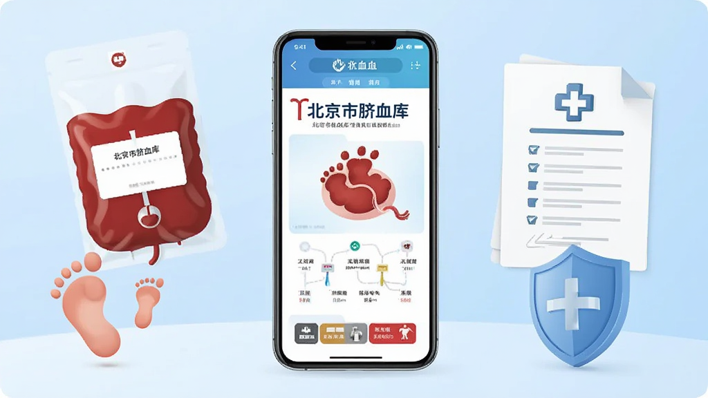 画面中央放置一部智能手机,屏幕显示脐带血储存服务类应用界面,界面上有“北京市脐血库”字样,手机两侧环绕脐带血采集袋、婴儿脚印、医疗文件与盾牌图标,背景为浅蓝色渐变,整体采用扁平化医疗科技风格,细节干净整洁,画质清晰,无多余装饰元素