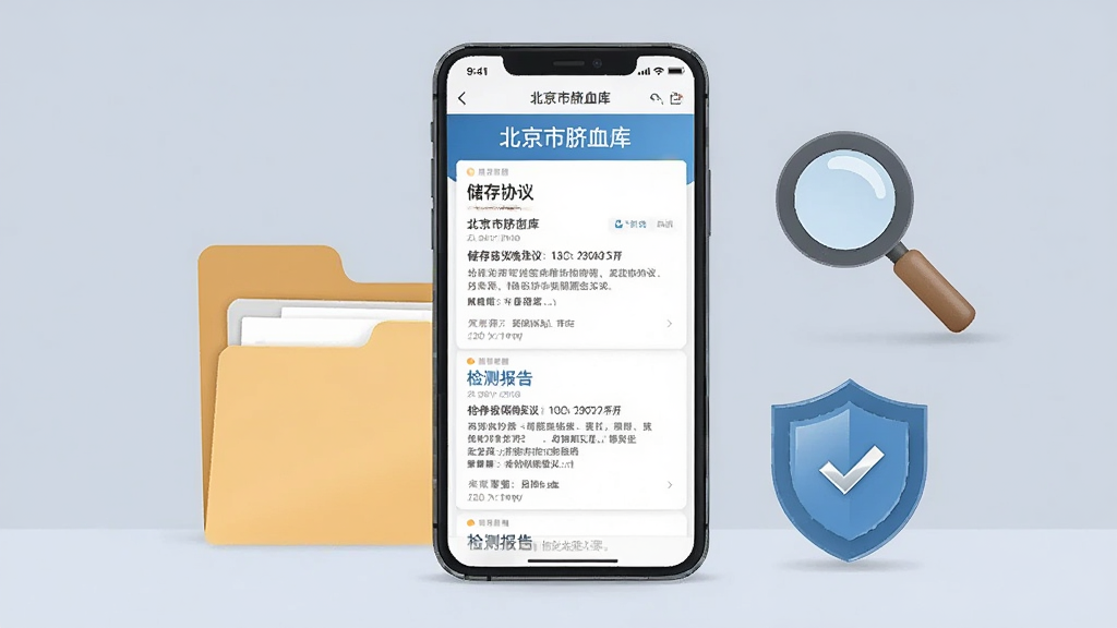画面中央为一部手机展示“北京市脐血库”应用内的储存协议与检测报告列表页面,手机旁放置文件夹、放大镜与盾牌图标,背景为浅灰蓝色,采用简约商务风格,排版整齐,画质清晰,无多余元素