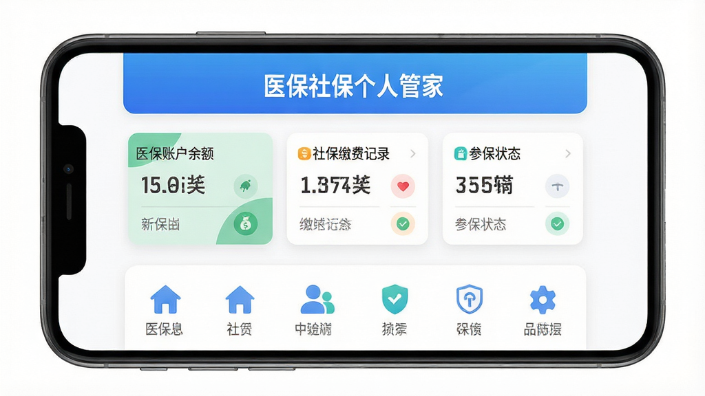 手机屏幕中央展示医保社保个人管家应用主界面,上方是蓝色渐变标题栏写着“医保社保个人管家”,中间排列医保账户余额、社保缴费记录、参保状态三张信息卡片,下方是简洁的功能图标行,整体布局居中对称,风格清爽现代,扁平化设计,细节清晰,画质干净,无多余元素