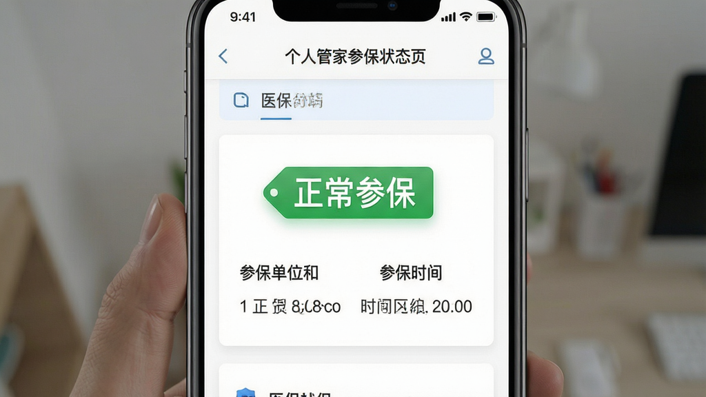医保社保个人管家参保状态页面,屏幕中央显示绿色“正常参保”标签,下方有参保单位和参保时间信息,界面布局上下结构,风格清爽,扁平化UI,细节清晰,画质干净,无多余元素