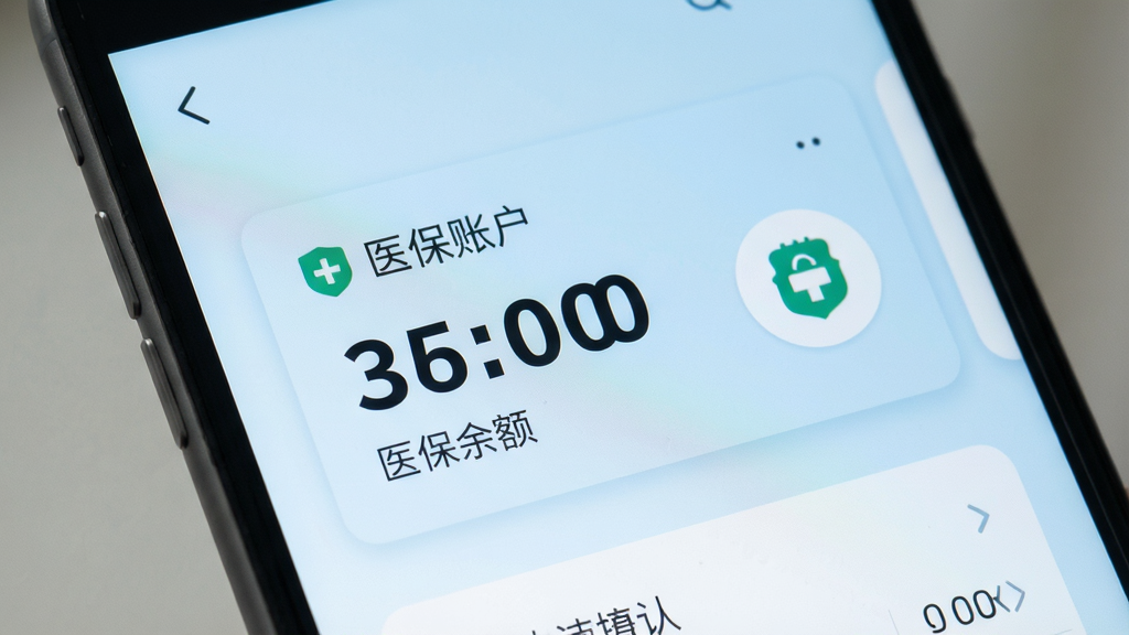 医保社保个人管家界面特写,屏幕中显示医保账户余额卡片,卡片上有醒目的数字和“医保账户”字样,旁边配有小图标,背景为浅蓝色,整体排版干净整齐,扁平化UI风格,细节清晰,画质干净,无多余元素