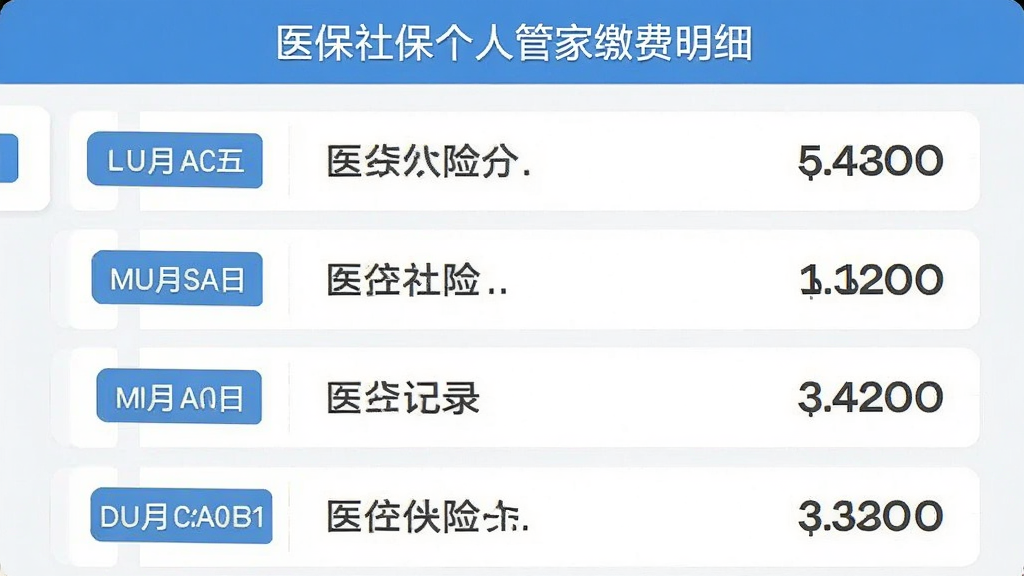 医保社保个人管家缴费明细页面,屏幕中纵向排列多条按月展示的社保缴费记录,每条记录左侧有月份标签,右侧显示险种和金额,界面风格简洁,布局清晰,扁平化设计,画质干净,无多余元素