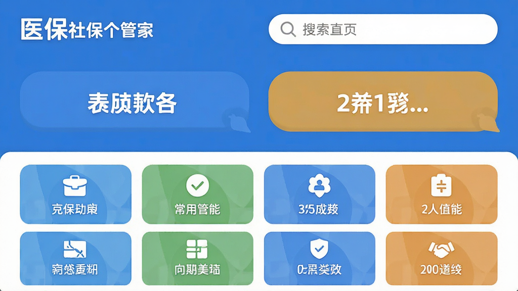 医保社保个人管家首页整体布局展示,大字体大按钮设计,功能入口排列整齐,屏幕上方有搜索框,下方是常用功能网格,风格简洁友好,扁平化设计,细节清晰,画质干净,无多余元素