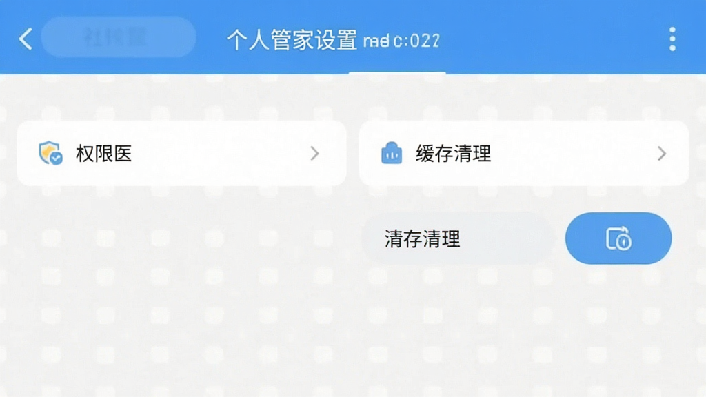 医保社保个人管家设置页面截图风格,屏幕中显示权限管理和缓存清理选项,界面简洁,布局清晰,扁平化设计,画质干净,无多余元素