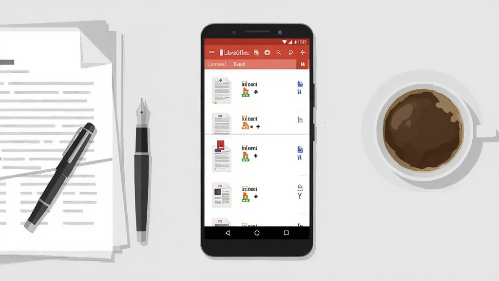 ����������һ��������׿�ֻ�����Ļ����ʾ LibreOffice �鿴�� ���ĵ��б����棬����Ϊǳ��ɫ�칫���棬�ֻ����ڷ�һ��ֽ���ĵ���һ֧�ֱʣ��Ҳ��һ�����ȣ����岼�ּ��Գƣ����Ϊ�ִ���ƽ���廭��ϸ�ڰ����ֻ���Ļ�ϵ��ĵ�����ͼ���ʽ��ǩ�����������ɾ����޶���Ԫ��