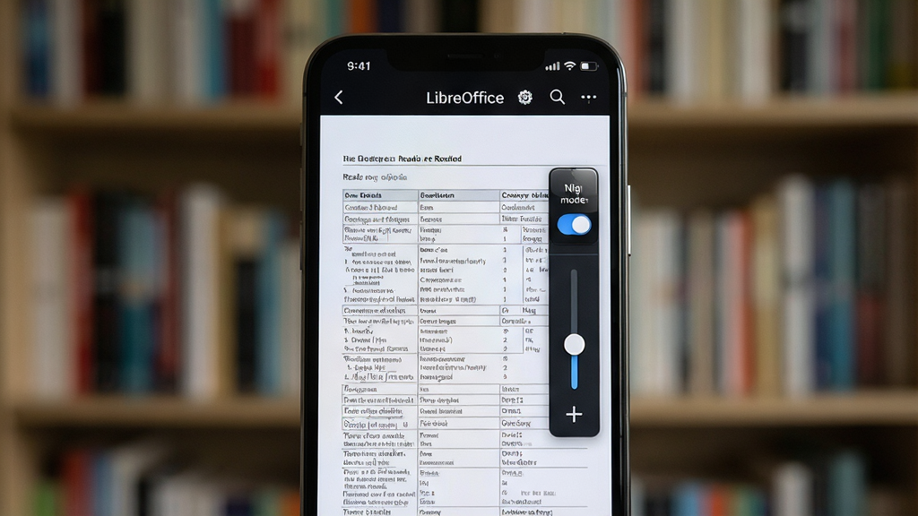 �ֻ���Ļ��д��չʾ LibreOffice �鿴�� ���Ķ����棬��Ļ����һ���Ű�����ı����ĵ����Ҳ�������ҹ��ģʽ�л���ť�����Ż��飬����Ϊ�黯����ܣ��������ֻ�Ϊ���ģ����Ϊдʵ��Ʒչʾ��ϸ�ڰ�����Ļ�ϵ����������ɱ��밴ť�ĸ߹��ʸУ����������ɾ����޶���Ԫ��