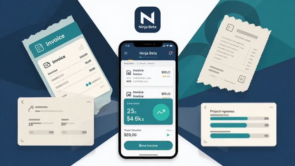 ����������һ��������׿�ֻ�����Ļ������ʾ Ninja Beta Ӧ�������棬�����������ŷ�Ʊ�б������ͳ�ƿ�Ƭ��������Ʊ��ť���ֻ���Χ��ǳɫ���ο��沼�ֳ����۵����վݡ���Ŀ������������Ԫ�أ��γɴӵ��ݵ��ֻ��Ļ�۶��ߣ������Ű���жԳƣ��������׷���Ӧ��ͼ�ꣻ���Ϊ��ƽ������廭����ɫ���������������װ�Ϊ����ϸ�ڰ���ϸ��ͼ�ꡢԲ�ǿ�Ƭ�����ͶӰ�����������ɾ����޶���װ��Ԫ�أ�ͼƬ������ͳһʹ��Ӣ�ġ�Ninja Beta���롰Invoice��������