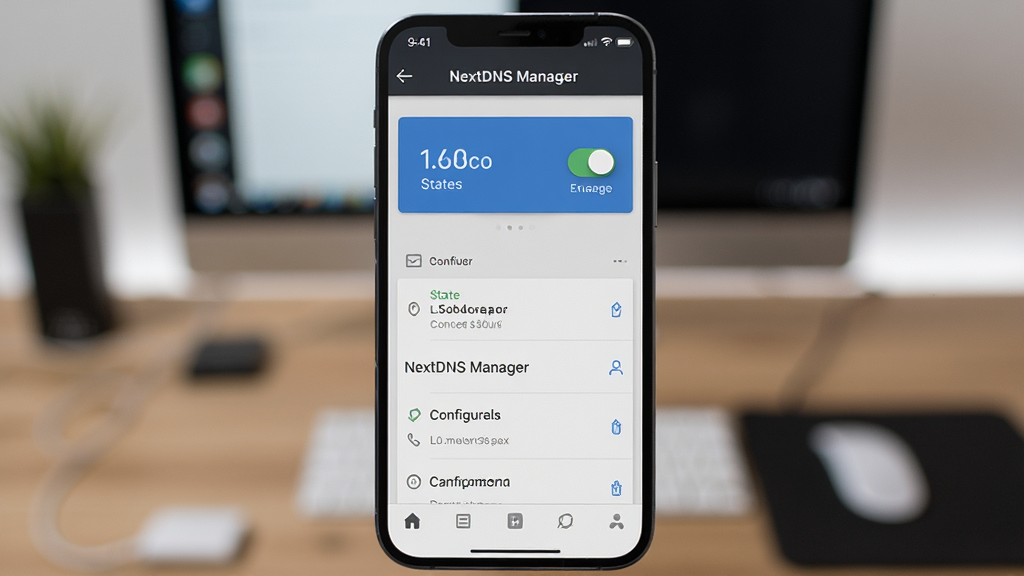 һ���ֻ���Ļ��дͼ����������չʾ NextDNS Manager Ӧ�������棬����Ϊ��ɫ������д�� NextDNS Manager���в�Ϊ��Ƭʽ������ʾ����״̬�����������б����ײ�Ϊ�����������������ִ���������ɫ������Ϊ�黯�����滷�������������ɾ����޶���Ԫ��