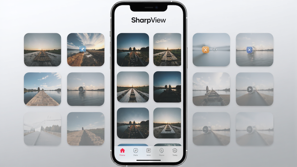 一张展示 SharpView 软件主界面的手机屏幕效果图,画面中央是简洁的图片网格浏览视图,顶部有 SharpView 字样标识,背景为浅灰色渐变,整体风格清爽现代,细节包括缩略图圆角处理与底部导航栏,画质清晰,无多余元素