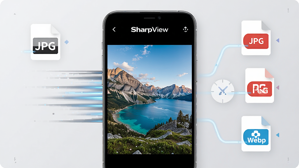 一张表现 SharpView 快速加载高清图片的场景图,手机屏幕中显示一张风景照片正在流畅渲染,画面旁边有速度线条与格式图标元素,包含 JPG、PNG、WebP 字样,风格科技简洁,画质干净,无杂乱装饰