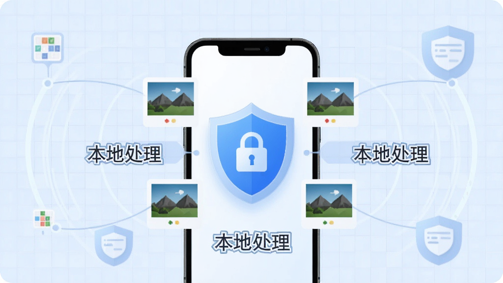 表现 SharpView 隐私安全特性的概念图,手机屏幕中央有一个盾牌图标与本地图片缩略图环绕,画面标注“本地处理”字样,背景为浅蓝色网格,风格安全可信,画质干净,无多余装饰