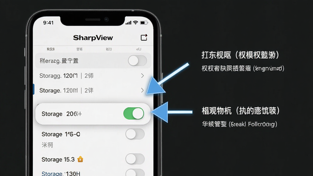 一张 SharpView 权限设置引导示意图,手机屏幕显示应用权限管理页面,高亮标注存储权限开关,画面带有箭头指引与简洁文字说明,风格清晰直观,画质干净,无多余元素