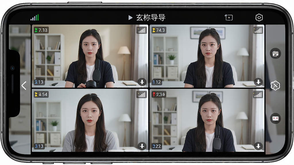 手机横屏显示四宫格多画面预览界面,每个格子内为不同场景的实时画面,界面顶部有玄杓导播字样,布局为2x2网格排版,风格简洁明快,细节包含信号强度指示、画面编号标签,画质清晰干净无多余元素