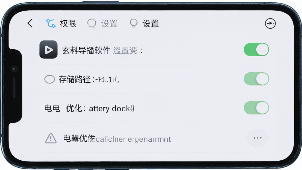手机屏幕显示玄杓导播软件设置界面,界面中包含权限开关、存储路径选择、电池优化提示等选项,布局为纵向列表排版,风格为清爽浅色设计,细节包含玄杓导播图标与提示文字,画质高清干净无多余元素