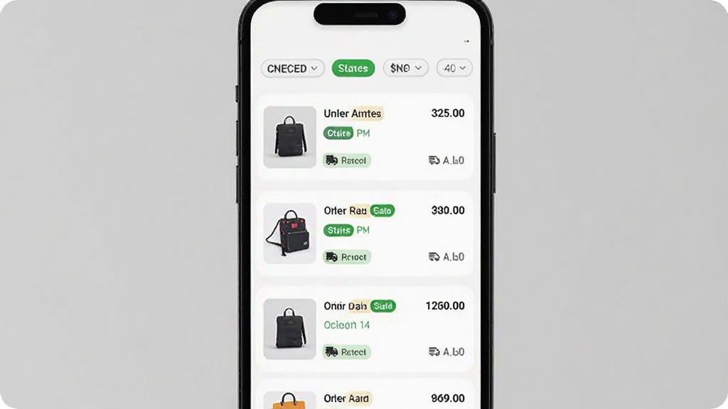 手机界面展示订单列表页面,每条订单包含商品缩略图、订单状态和金额,顶部有筛选标签;主体为手机屏幕,布局纵向列表,风格现代简洁,细节有状态标签和配送图标,画质清晰,背景干净