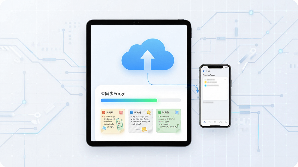 PaperForge云同步示意图,画面中央为平板电脑与手机通过云朵图标相连,云朵下方显示同步进度条与笔记缩略图,背景为浅色科技感网格,风格简洁现代,细节清晰,画质高清,干净无多余元素