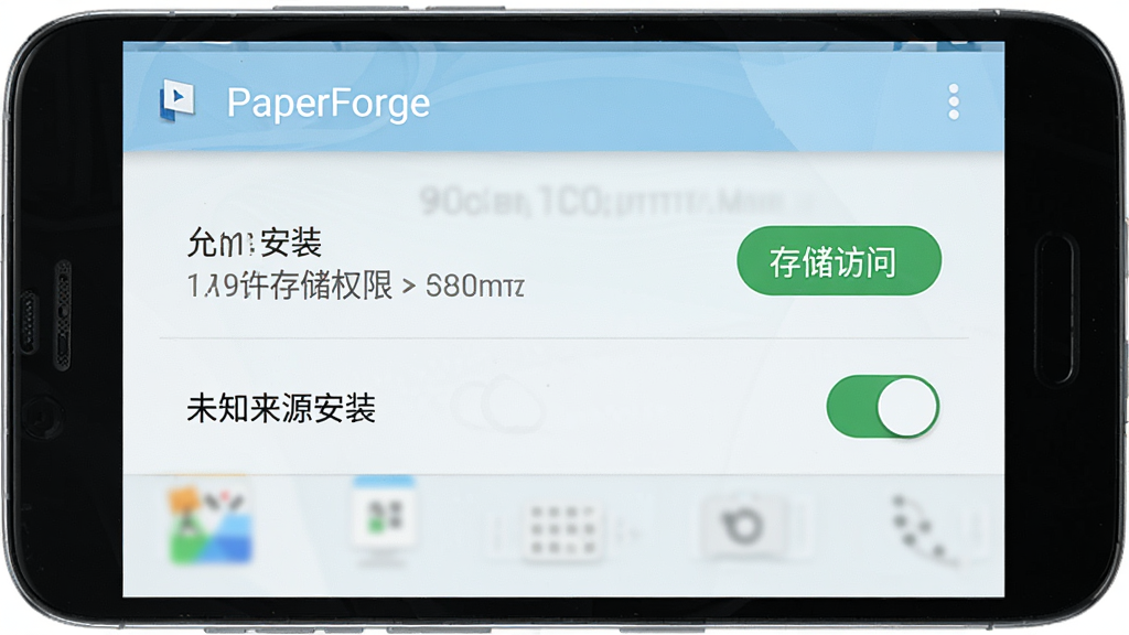 PaperForge安装权限设置示意图,画面展示安卓手机屏幕上的权限管理界面,包含存储权限与未知来源安装开关,界面清晰标注